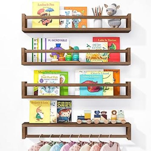 Fixwal Floating Nursery Book Shelves for Wall, 16.5in, Set of 4, Brown | Solid wood shelves store kids' books, toys and clothing. Fits kids' room, playroom, nursery, living room, bedroom & bathroom. : Home & Kitchen