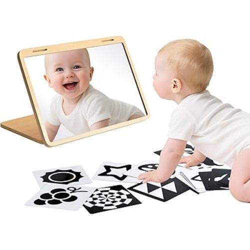 Tummy Time Mirror for Baby - Montessori Adjustable Infant Floor Mirror with Black and White High Contrast Cards