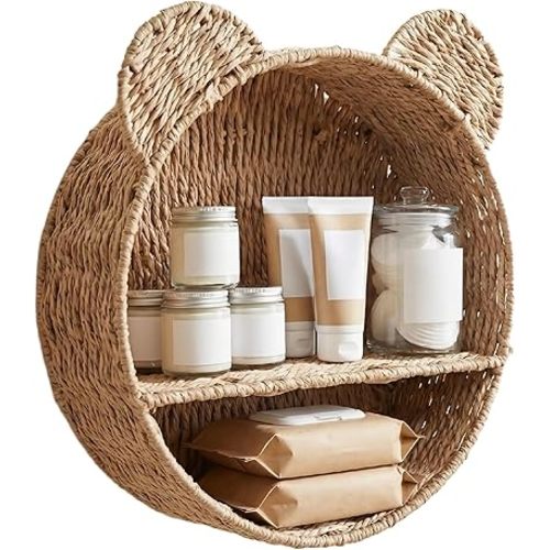 Bear Nursery Decor Wall Shelf, Handwoven Wicker Nursery Shelves for Wall, Wall Mounted Nursery Bookshelf for Small Books, Toys & Decor