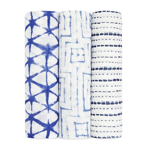 aden + anais Silky Soft Swaddle Blanket,100% Viscose from Bamboo Muslin Blankets for Girls & Boys, Baby Receiving Swaddles, Ideal Newborn & Infant Swaddling Set, 3 Pack, Indigo Shibori