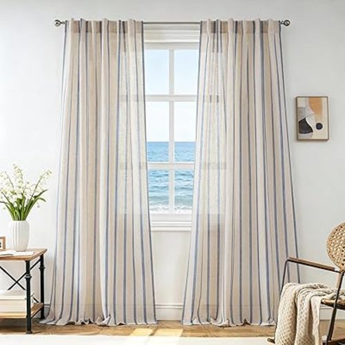DriftAway Farmhouse Curtains for Living Room Vertical Striped Linen Window Curtains Semi Sheer Light Filtering Back Tab Rod Pocket, 84 Inches Long, 2 Panels, Pinstripe Navy on Beige