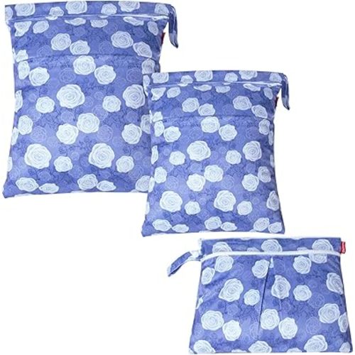 Damero 3Pcs Wet Dry Bag for Cloth Diaper, Swimsuit, Clothes, Ideal for Travel, Exercise, Daycare, Roomy and Water-Resistant(Purple Flowers)