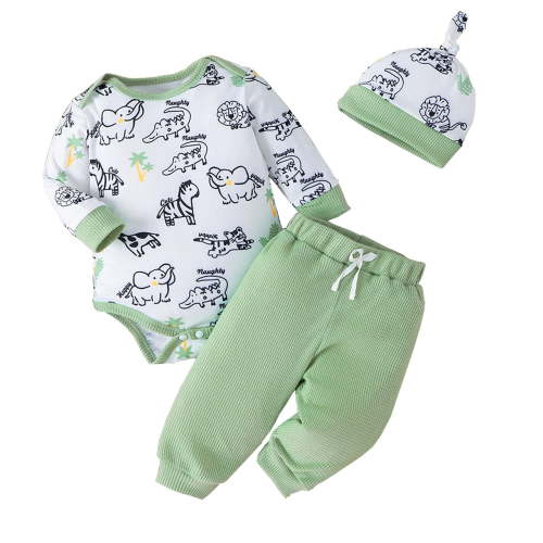 Akiihool Baby Boy Clothes Sets Bundle Baby Boy Farm Clothes Coming Home Outfit with Hat Boy's Long Sleeve Romper & Pant Sets (Green,0-3 Months)