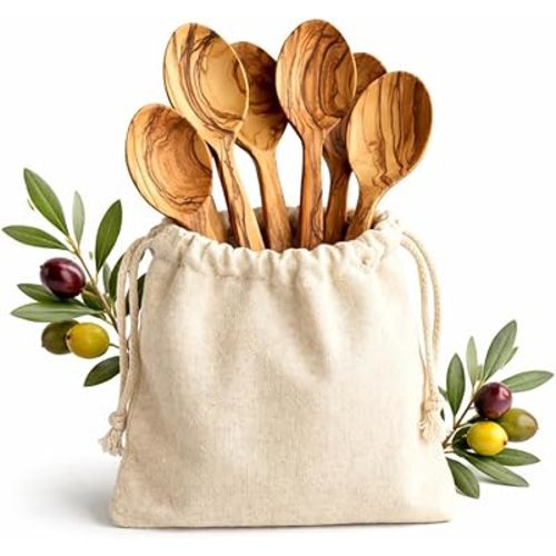 Handmade Olive Wood Spoon - Baby Feeding and Cooking Spoon - Wooden Kitchen Utensil for Toddler and Family Use - Smooth Food Contact Tableware - Rustic Design - 6pcs 6.7 Inches