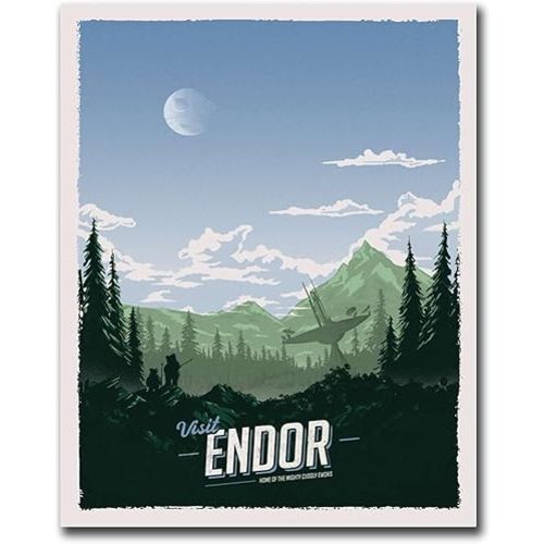 LUCKLYDOUDOU Wall Art Canvas Print Vintage Visit Endor Landscape Travel Poster Modern Art Decoration for Living Room Bedroom and Office 16x24inch with wood frame