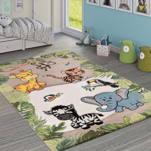 Paco Home Kids Rug with Charming Animals - Giraffe Lion Monkey - Beige - 6'7" x 9'6" (6'x9')