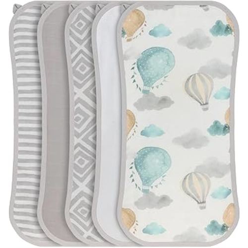 Featherhead 5 Pack Muslin Baby Burp Cloths for Boys & Girls, 22" X 11", Premium Cotton Muslin and Terry Spit up Rags, Super Soft and Absorbent (Green Hot Air Balloons)