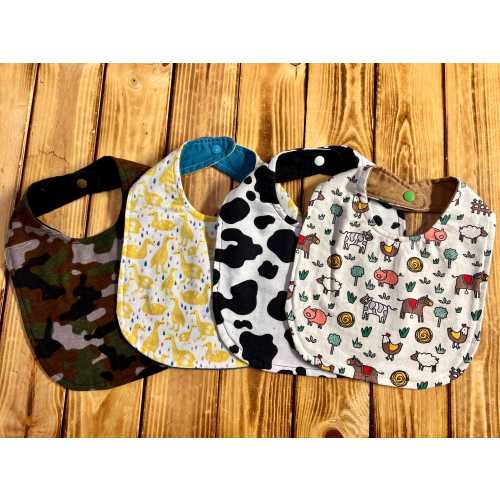 Farming, Cows, Ducks, Camo Flannel Fabric Baby Bibs