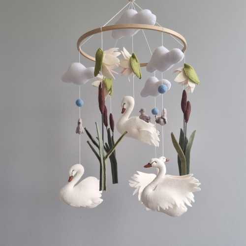 Swan baby mobile Nursery mobile girl Handmade crib mobile Country modern baby mobile Musical crib mobile Unigue newborn gift Baby first toy