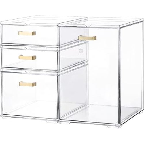 Set of 5 Stackable Storage Drawers, Clear Acrylic Organizer Bins for Beauty Supplies, Perfect for Makeup Vanity, Undersink, Kitchen, Cabinet,Pantry Organization and Storage