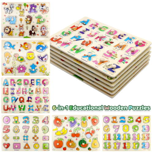 ZYNERY 6-Pack Wooden Peg Learning Puzzles for Toddlers 12x9 inch - Educational Toys with Animals, Ocean, Fruits, Numbers, Math & Alphabet - Preschool Activities, Travel & Home Play, Gifts