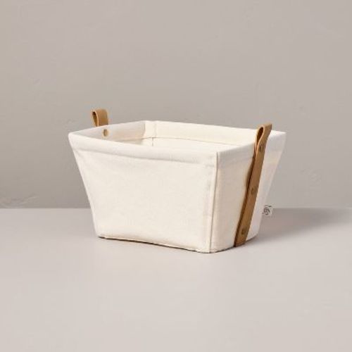 Decorative Canvas Storage Bin with Faux Leather Strap Handles Cream/Tan - Hearth & Hand™ with Magnolia