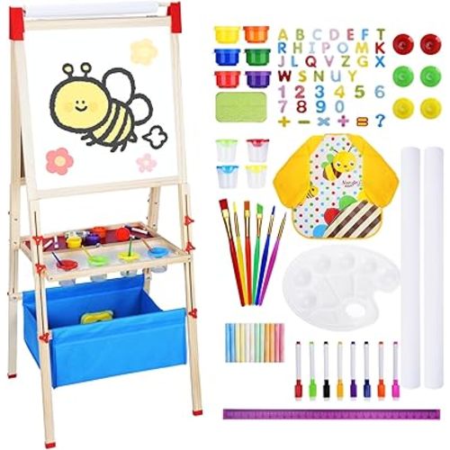 Art Easel for Kids: Wooden Adjustable Height Magnetic Double-Sided Foldable Painting Board for Toddlers 2-4,104+ Art Supplies for Boys & Girls Ages 4-8 8-12 with 2 Paper Rolls & Storage Bin