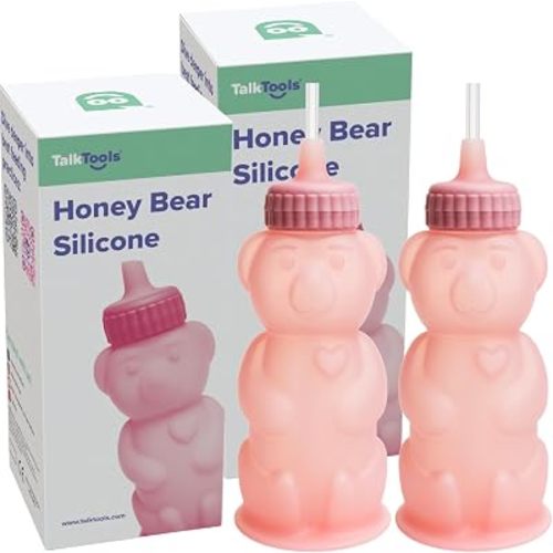 TalkTools Honey Bear Silicone Straw Cup, Dishwasher Safe Baby Drinking Bottle, Premium Food-Grade Material, Honeybear Sippy Cup for Ages 4+ Months, Kids and Toddlers (Pack of 2-8oz) (Pink)
