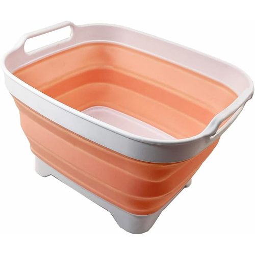 SAMMART 7.5L (2 Gallons) Collapsible Dishpan with Draining Plug - Foldable Washing Basin - Portable Dish Washing Tub - Space Saving y (White/Pearl Blush, 1)