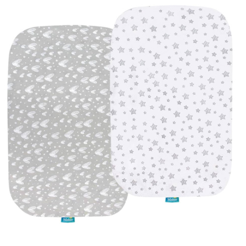Bassinet Sheets Compatible with AirClub, GoFirst and MiClassic Bassinet Bedside Sleeper, 2 Pack,100% Jersey Knit Cotton Fitted Sheets, Mild Grey Hearts and White Stars Print