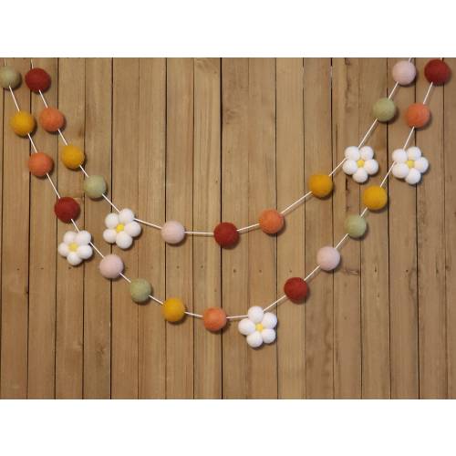 Garden Daisy Felt Ball Garland, Girl Nursery Decor, Boho Girls Room, Terracotta, Coral, Mustard, Sage, and Blush Pom Poms and Spring Flowers