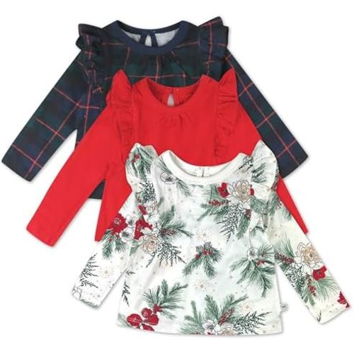 HonestBaby Baby-Girls 3 Pack Long Sleeve Ruffle T-Shirts 100% Organic Cotton for Toddler, Baby Girls