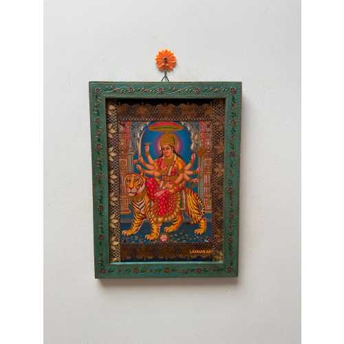 Vintage Durga Mata Photo Frame: Hand-Painted Hindu Goddess Wooden Wall Hanging (12x16")