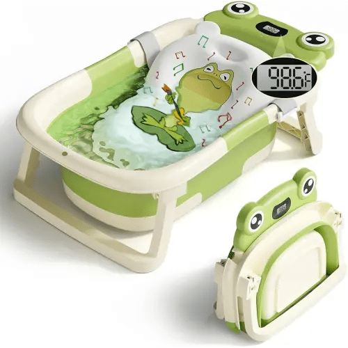 BUNWAG Baby Bathtub, Collapsible Newborn Bathtub for Infant to Toddler with Soft Cushion and Thermometer,Portable Travel Newborn Tub with No-Slip Feet, Baby Shower Gifts, 0-12 Months Baby Bath, Green