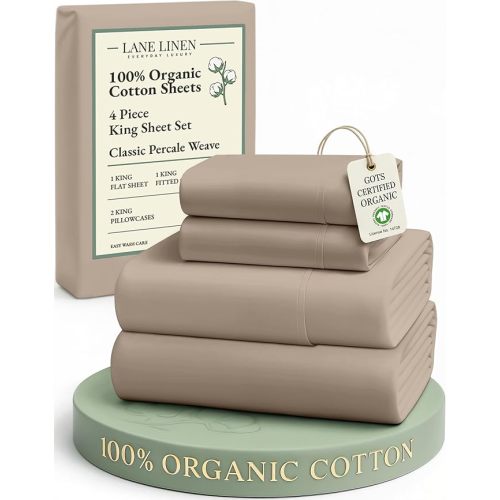 LANE LINEN 100% Organic Cotton Sheets Set, Long- Staple Percale Weave Ultra Soft Best- Bedding Sheets for Bed, GOTS Certified, Fits Mattress Upto 15inch Deep Pocket (King, Taupe)