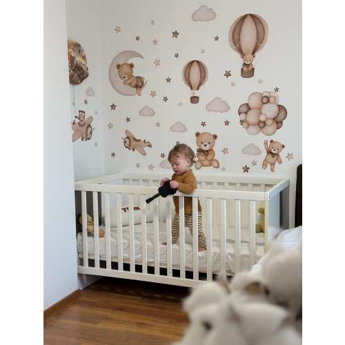Teddy Bear Wall Decals: Airplane, Moon, and Balloons - Neutral Nursery Art