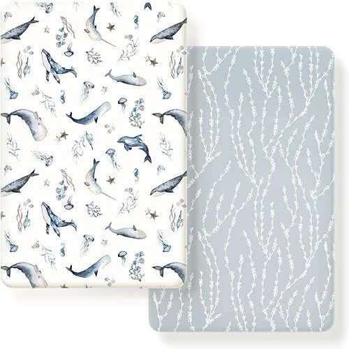 GRSSDER Stretchy Ultra Soft Jersey Knit Fitted Pack n Play Sheets Set 2 Pack, Portable/Mini Crib Mattresses for Boys and Girls, Universal Fit for Pack N Plays Pads Safe and Snug