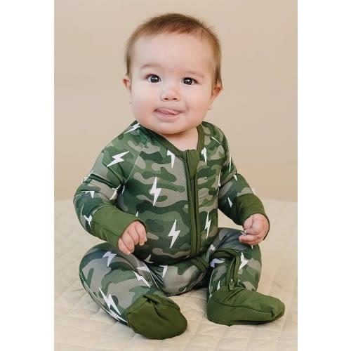 Bamboo Zip Romper | Green Camo Bolts