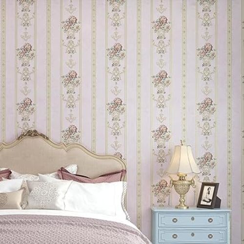 Q QIHANG 3D Embossed Damask Striped Version Flower Stickers Wall Paper Peel and Stick Self-Adhesive Removable for Living Room Wallpaper Roll 20.87" W x 354.33" L (Light Pink, 1.73'x 9.84')