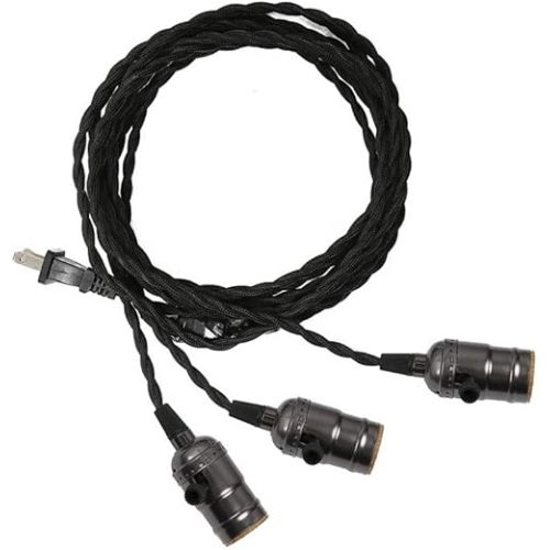 Vintage Triple Light Socket Pendant Hanging Light Cord Plug-in Light Fixture Cord 3 Light Vintage Pendant Light Kit for Kitchens Dining Rooms Bars Restaurants Basement,Black