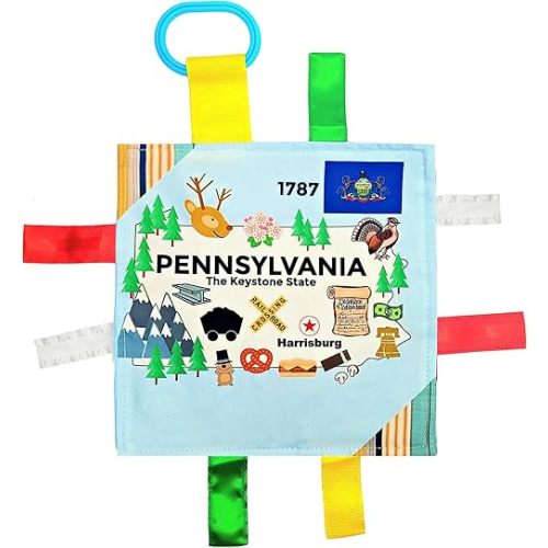 Baby Jack & Co 8x8” Learning Lovey Pennsylvania State Tag Stroller Toy for Babies - Crinkle Toys for Developing Five Senses - Learn About Capitals - Travel with Baby Jack - BPA Free Clip