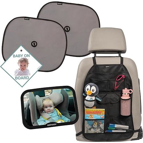 EZI Travel Pack - 4-in-1 Newborn Car Set - 360° Rear Mirror + XL Organizer + 2 Sun Shades + Baby on Board Sign - for Stress-Free Family Travel