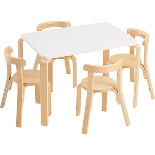Swegrow Kids Table and 4 Chairs Set, Wooden Table and Chairs for Kids & Toddler,Kid Wooden Furniture for Playroom/Home/Kindergarten