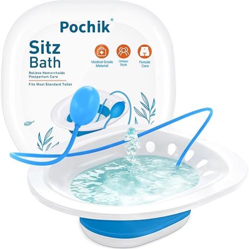 Pochik Sitz Bath for Toilet Seat Hemorrhoids and Postpartum Care, Yoni Steam Seat, Perineal Soaking, Collapsible, Flusher Hose, Drain Holes, Wider Seating Area - Blue