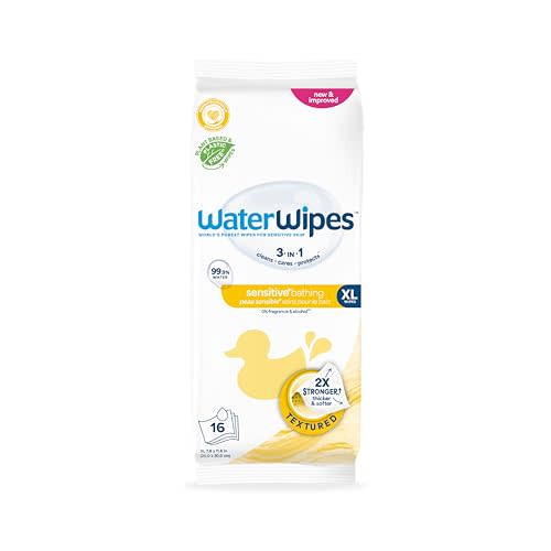 WaterWipes Sensitive+ Bathing Wipes, 3-In-1 Cleans, Cares, Protects, 99.9% Water, Unscented & Hypoallergenic, 16 Count (1 Pack)