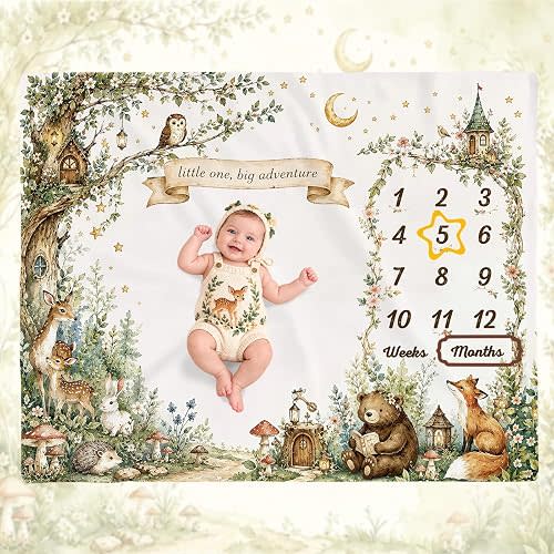 Woodland Baby Monthly Milestone Blanket, Forest Animal Monthly Growth Photography Backdrop, Little One Big Adventure Newborn Photo Prop, Milestone Blanket for Boy Girl Baby Shower 50x40 Inch