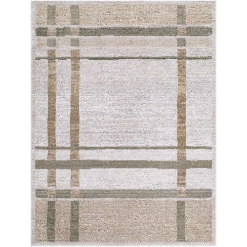 Hauteloom Harini Living Room, Bedroom Area Rug - Plaid Striped Geometric Border - Bohemian Transitional Modern Contemporary Minimalist - Tan, Light Gray, Olive, Cream, Beige - 5'3" x 7'