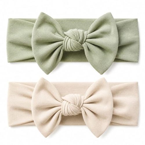 Baby Girl Headbands-Infant,Toddler Cotton Handmade Hairbands with Bows Child Hair Accessories (2, Light Beige-Linden Green, 3-36 Month)