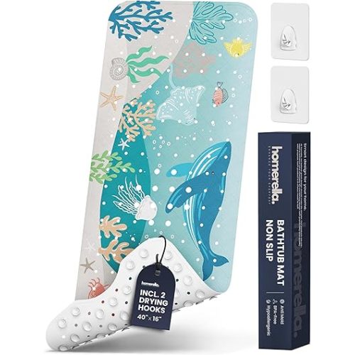 Bathtub Mat Non Slip Anti Mold for Kids 40x16 - homerella® Bath Mat for Tub, BPA Free, Incl. 2 Hooks, Washable Shower Mat Non Slip Anti Mold, Shower Mats for Inside Shower, EU Certified