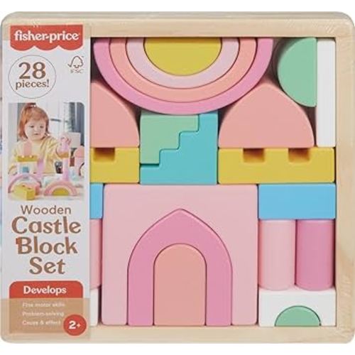Fisher-Price Wood Toddler Toy Castle Block Set, 28 Wooden Pieces for Stacking Developmental Play Preschool Kids Ages 2+ Years