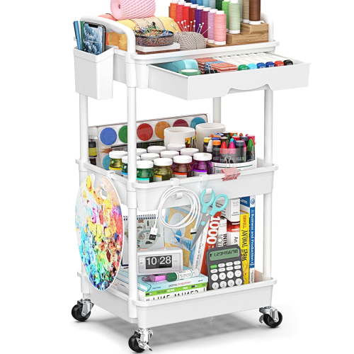 3 Tier Rolling Utility Cart with Removable Drawer, Bathroom Storage Organizer with 2 Lockable Wheels, Mobile Shelving Unit for Kitchen, Office, Snack, Craft, Makeup, Baby Essentials, White