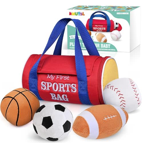 KMUYSL Baby Toys 0-12 Months, My First Sports Bag Plush Toy - 4 Sensory Balls Soft Toys with Crinkle, Rattles for 0-3-6-9-12 Month Newborn Infant, 1st Birthday for Babies Boys Girls Age 1