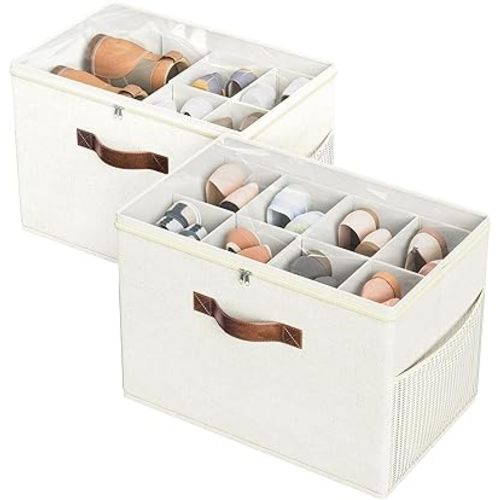 Budding Joy 2 Pack Shoe Organizer for Closet, Clear Foldable Shoe Storage Containers Adjustable Dividers Fits 16 Pairs,Shoe Storage Bins Baskets Boxes with Reinforced Handles Beige