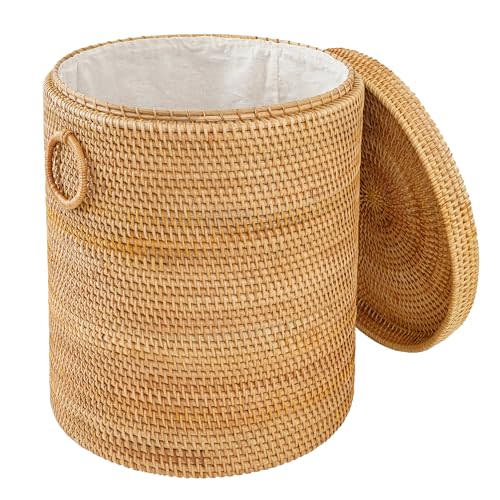 Peslran 15.7"×13.8"×13.8" Rattan Laundry Basket With Handle, Rattan Laundry Hamper With Liner Bag, Round Wicker Large Hampers For Organizing Clothes Kids Toys Books