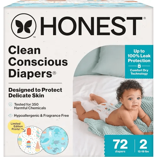 The Honest Company Clean Conscious Diapers for Sensitive Skin | Up to 100% Leakproof | Hypoallergenic, Fragrance Free | Summer '25 Limited Edition Prints | Club Box, Size 2 (12-18 lbs), 72 Count