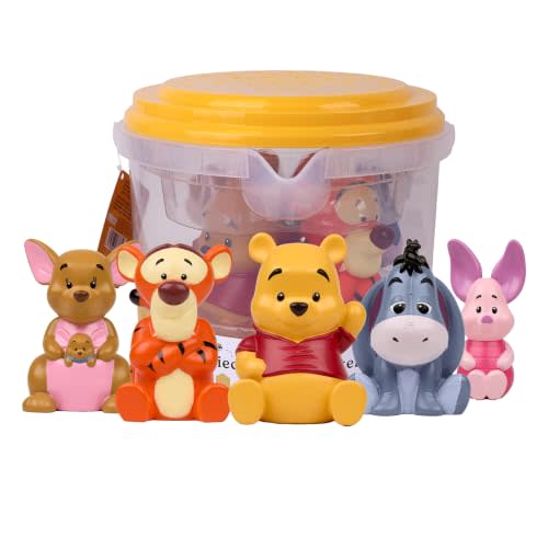 Disney Winnie The Pooh - 5 Piece Jumbo Squirter Bucket - Bath Toys for Baby and Toddlers - Includes Organizer Bucket - Store Bath Time Water Toys