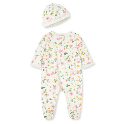 Floral Leaf 2-Way-Zip Footed One-Piece And Hat