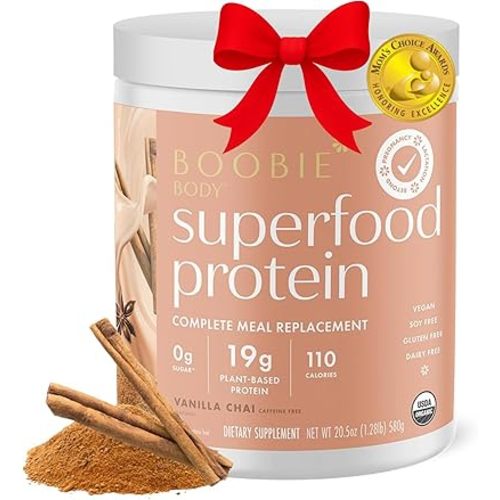 Boobie Body Superfood Protein Pregnancy and Postpartum Meal Replacement Shake, Vanilla Chai Flavor | 19g Protein | Safe for Lactation & Motherhood | Organic, Vegan, Zero Sugar, 1 Tub (20 Servings)