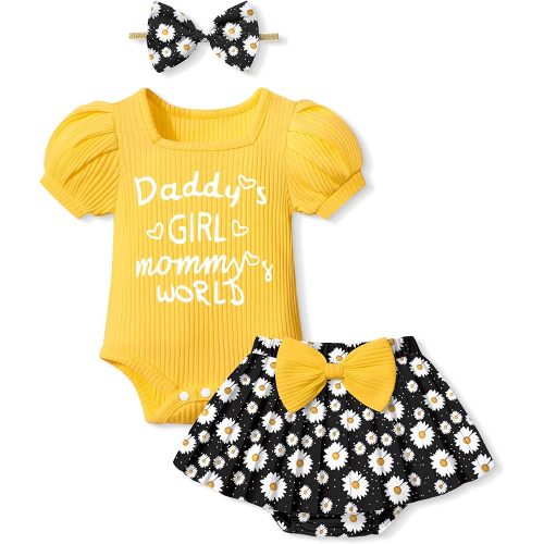KANGKANG Baby Girl Clothes Summer Outfit Puff Short-sleeve Square Neck Romper + Floral Pleated Shorts Headband 3Pcs Set