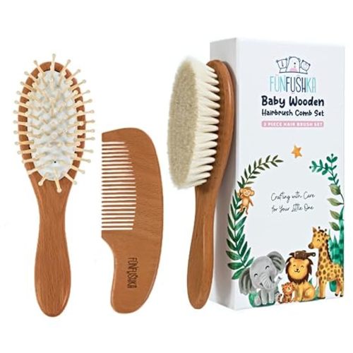 Baby Hair Brush Set for Newborns & Toddlers - Baby Brush and Comb Set - Ultra Soft Goat Hair Bristles, Perfect for Cradle Cap, Newborn Showers & Registries Gift, Comb Brush for Girls & Boys (Walnut)